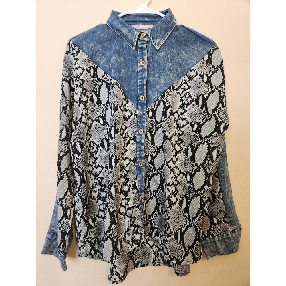 la lavon Snakeskin Print Denim Retro Mixed Media Button Down Shirt Small ILT0058